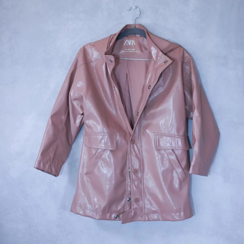 ZARA Girls Hooded Rubberized Pink Spring Raincoat Size 10 NWOT